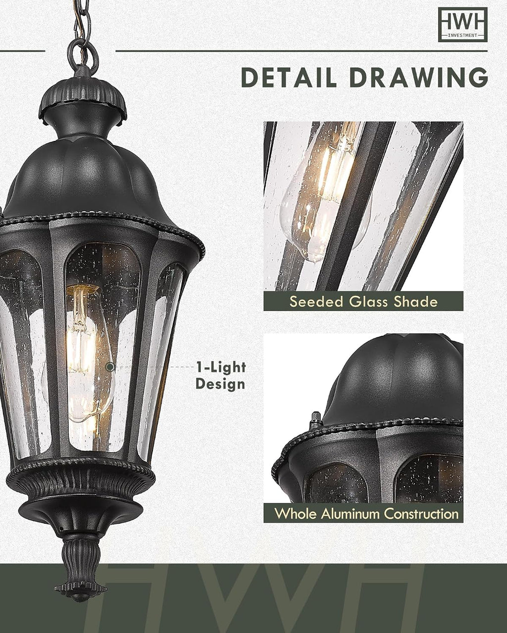 Outdoor Pendant Lights for Porch, HWH 20'' Large Outdoor Chandelier for Gazebo with Seeded Glass, Exterior Hanging Lantern Light Fixtures, Matte Black Finish, 5HW90H-M BK