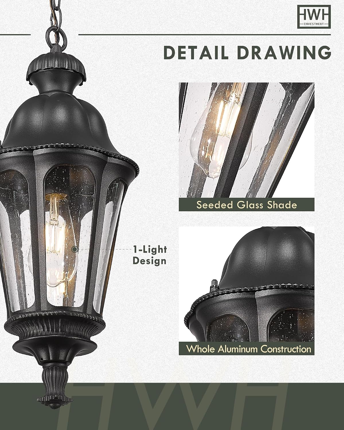 Outdoor Pendant Lights for Porch, HWH 20'' Large Outdoor Chandelier for Gazebo with Seeded Glass, Exterior Hanging Lantern Light Fixtures, Matte Black Finish, 5HW90H-M BK