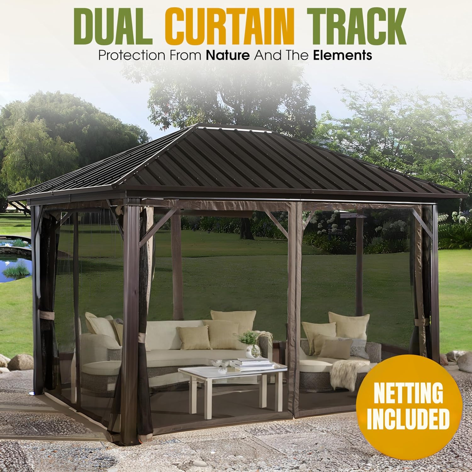 Galvanized Steel Hardtop Gazebo, Weather-Resistant Aluminum Frame Outdoor Shelter with Mesh Netting, Rustproof & UV Protection, Dark Brown (10' x 12')