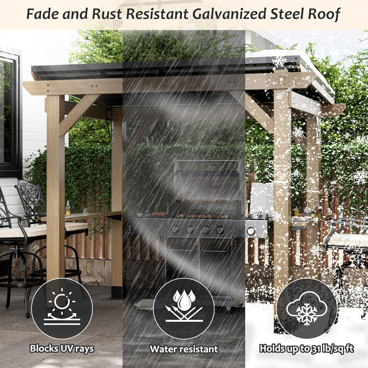 8x6 FT Cedar Wood BBQ Grill Gazebo with Hardtop Steel Sloping Roof, Wooden Outdoor Gazebo Pergola with 2 Side Storage Shelves for Barbecue, Garden, Deck, Backyard