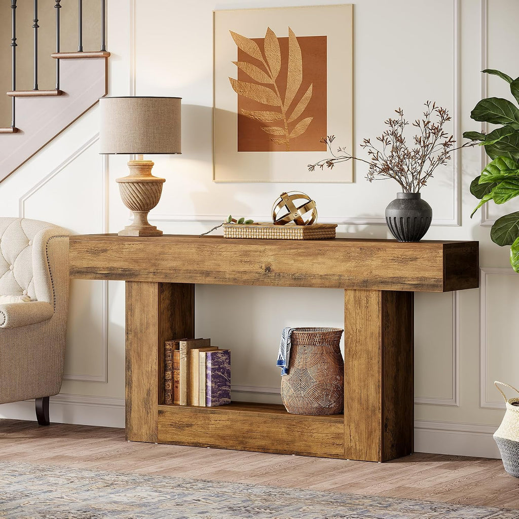 Tribesigns 63-Inch Long Console Table, 2-Tier Entryway Table Sofa Table with Storage, Farmhouse Wood Behind Couch Table for Living Room, Hallway, Rustic Brown