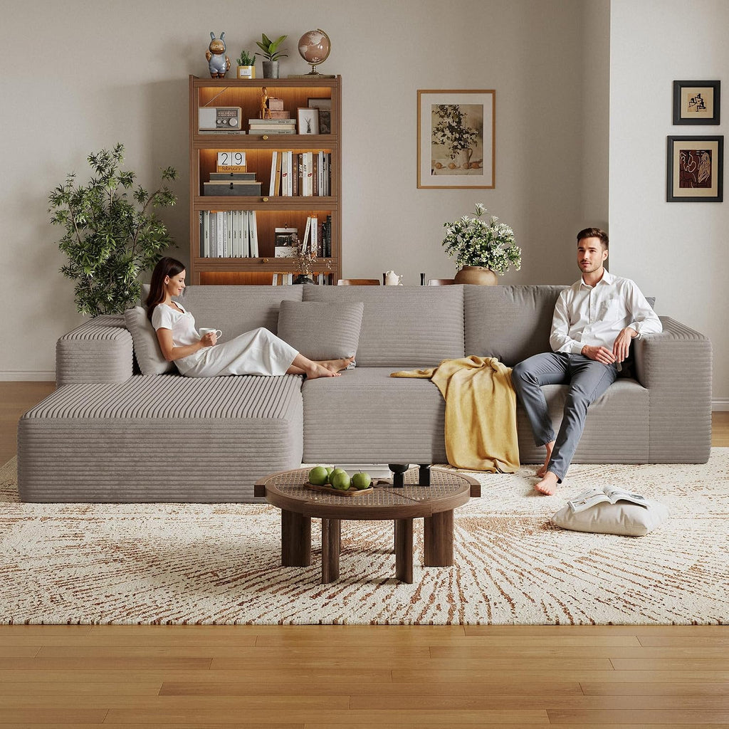 CHORRO108''Sectional Boneless Cloud Sofa,Modern Modular L-Shape Couch for Living Room,Corduroy Convertible Sponge Sleeper Sofas,Upholstered Lougne Chaise Couchs-with Soft Pillow(Camel,Left Chaise)