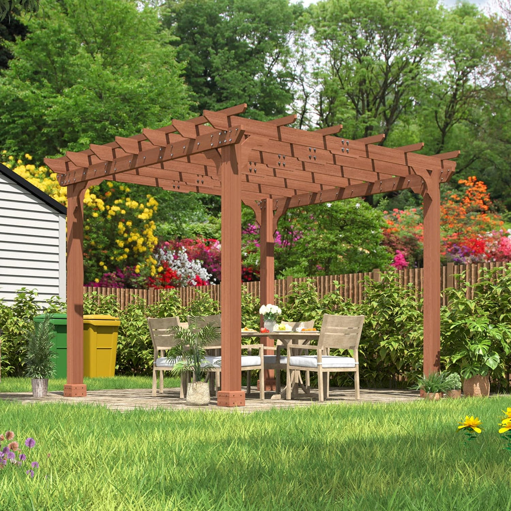 Yardenaler 10x10 FT Wooden Pergola, Cedar Wood Gazebo with Flat Roof, Outdoor Garden Shelter with Stakes Included, Patio, Deck, Backyard, Lawn