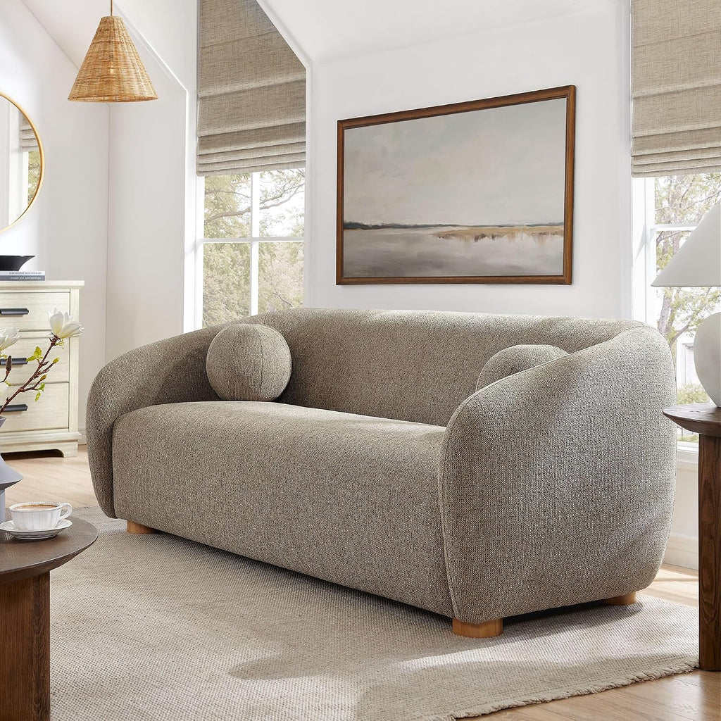 Modway Holland 85 Inch Minimalist Curved Back Sofa in Taupe – Chenille Fabric Sofa with Ball Throw Pillows and Wood Feet – Modern 3-Seater Couch for Living Room