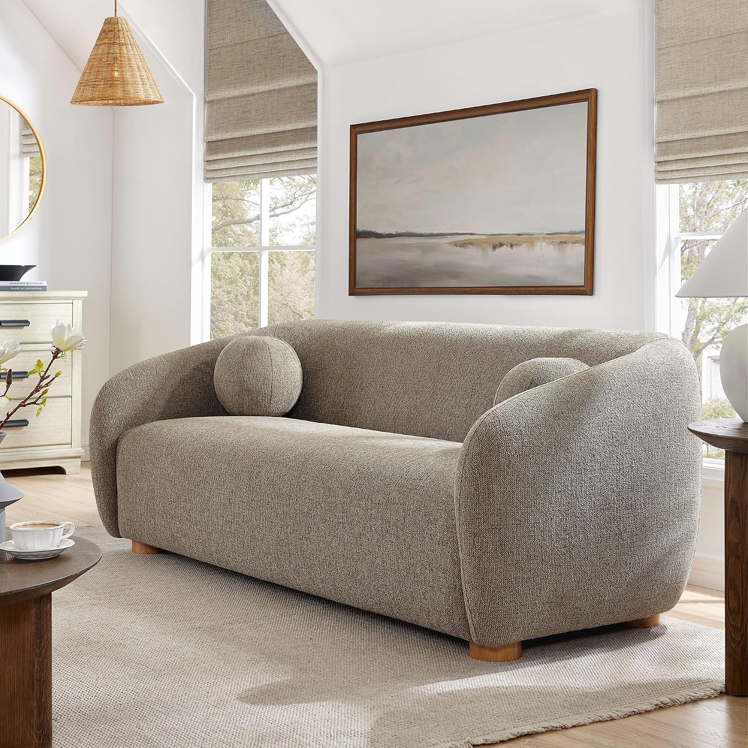 Modway Holland 85 Inch Minimalist Curved Back Sofa in Taupe – Chenille Fabric Sofa with Ball Throw Pillows and Wood Feet – Modern 3-Seater Couch for Living Room
