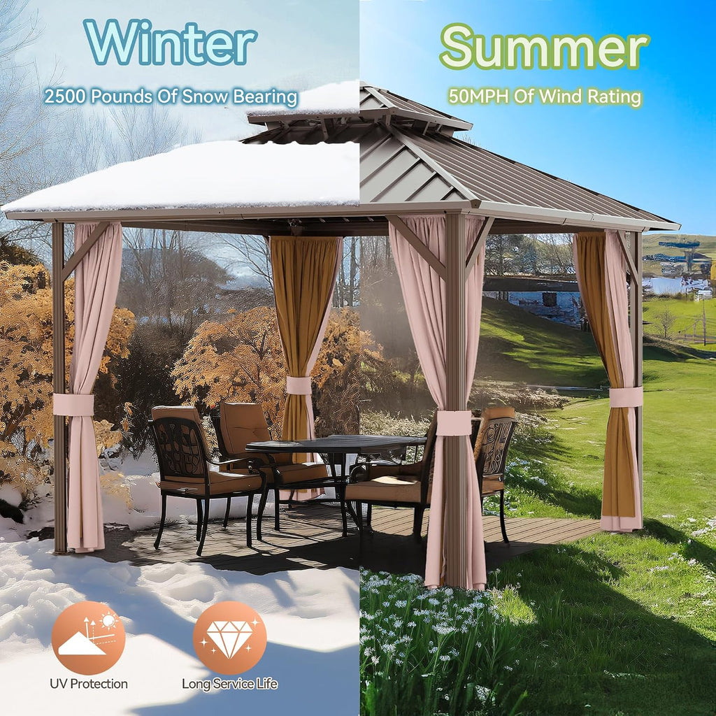 Joyside 10' X 10' Double-Tier Hardtop Gazebo, Aluminum Metal Gazebo with Iron Material Roof, Curtain and Netting, Permanent Gazebo Pavilion for Patio, Backyard, Deck, Lawn