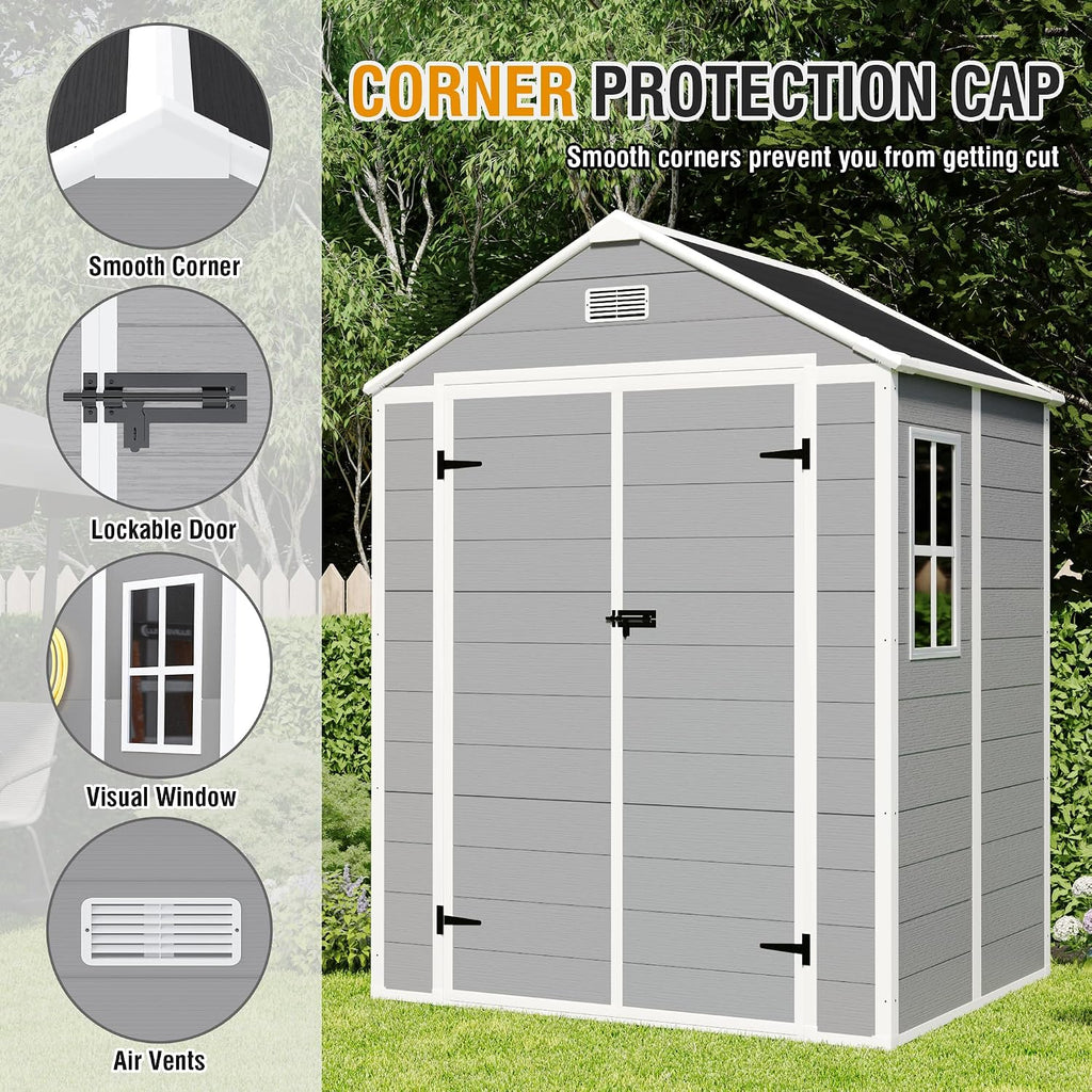 YOPTO 6x5 FT Resin Storage Shed,Garden House with Floor & Lockable Door,Waterproof Plastic Tool Sheds W/Slanting Roof Visual Window & Air Vents for Bicycles,Lawnmowers,Lawn,All Weather Use,Gray
