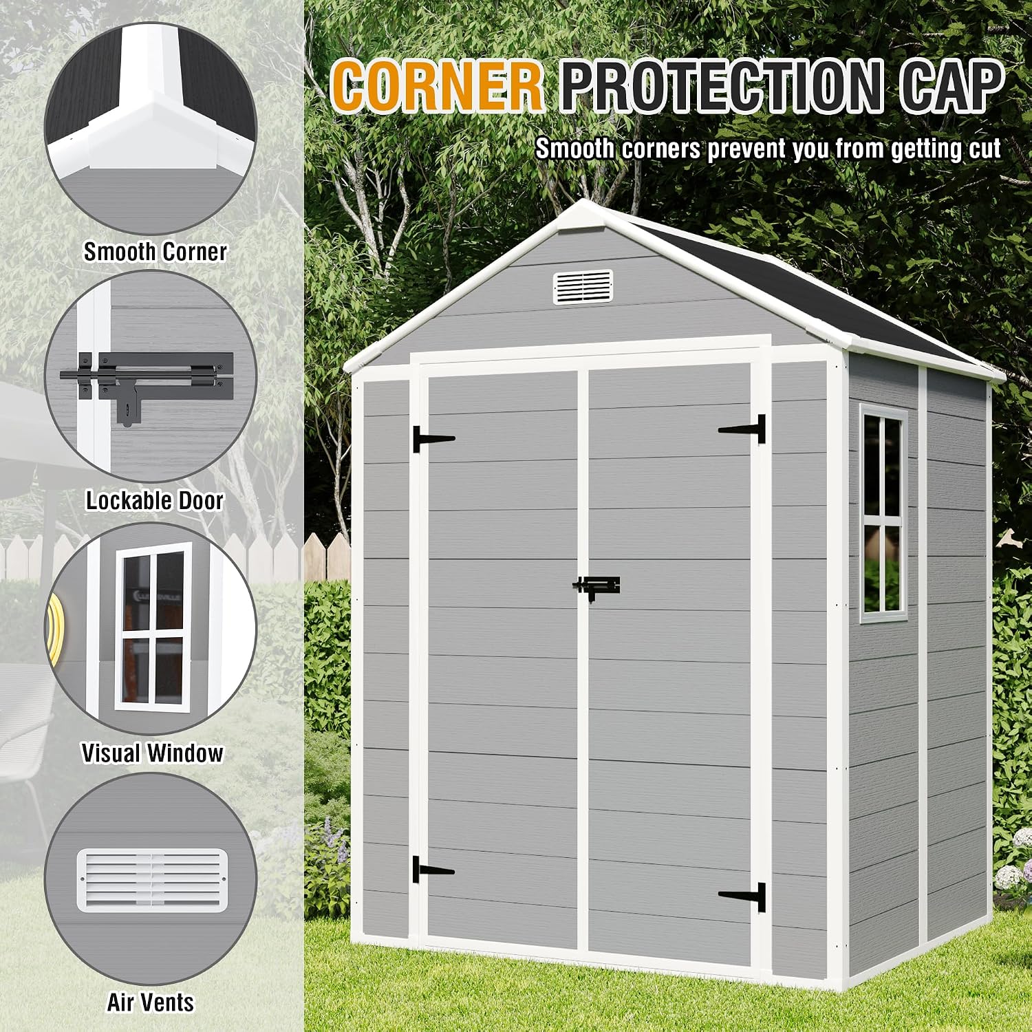 YOPTO 6x5 FT Resin Storage Shed,Garden House with Floor & Lockable Door,Waterproof Plastic Tool Sheds W/Slanting Roof Visual Window & Air Vents for Bicycles,Lawnmowers,Lawn,All Weather Use,Gray