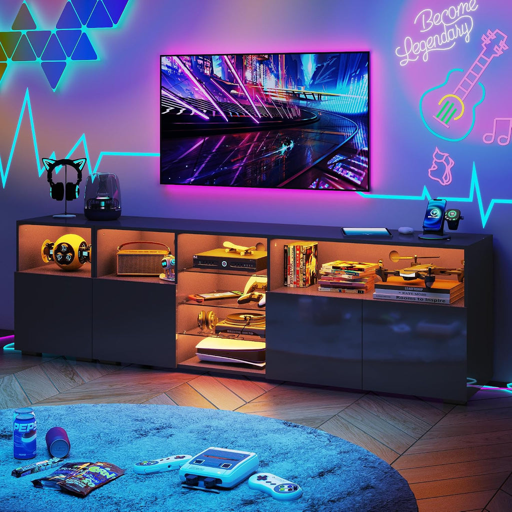 Hlivelood LED TV Stand for 85 Inch TV, Modern TV Stand with Power Outlet, High Glossy Modern TV Console Entertainment Center with Storage and LED Lights for Living Room, Bedroom, Black