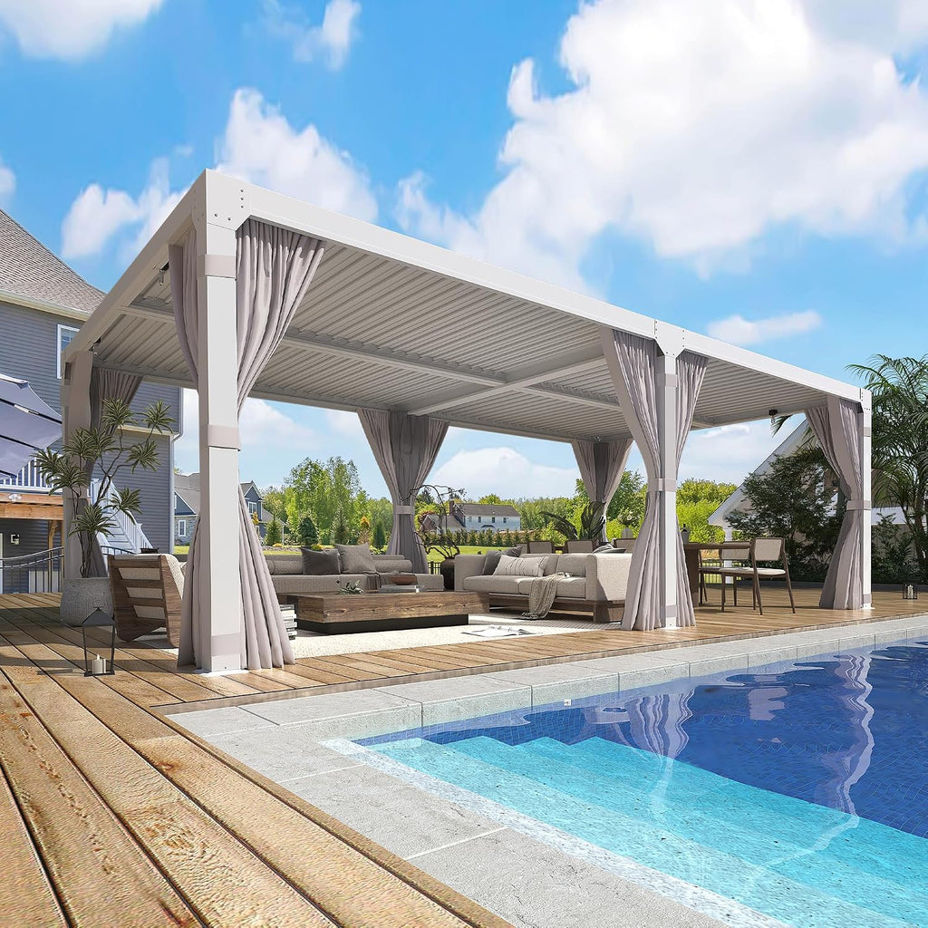 YOLENY Louvered Pergola 10x20, Aluminum Gazebo with Adjustable Waterproof Roof, Curtains and Netting Included, Deck and Backyard, White