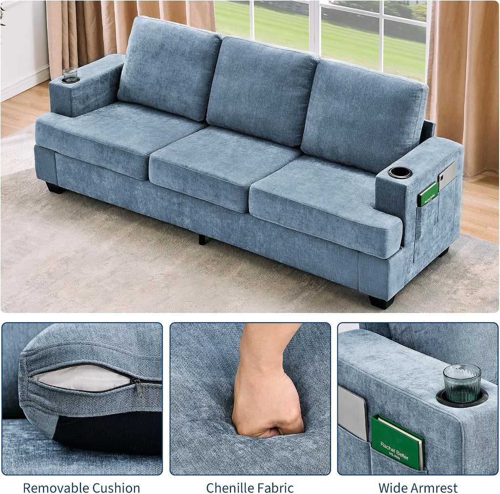 89' Chenille 3-Seater Sofa with Cup Holders and Side Storage Pockets, Modern Sofa for Living Room, Deep Seat Couches for Apartment Lounge, Blue