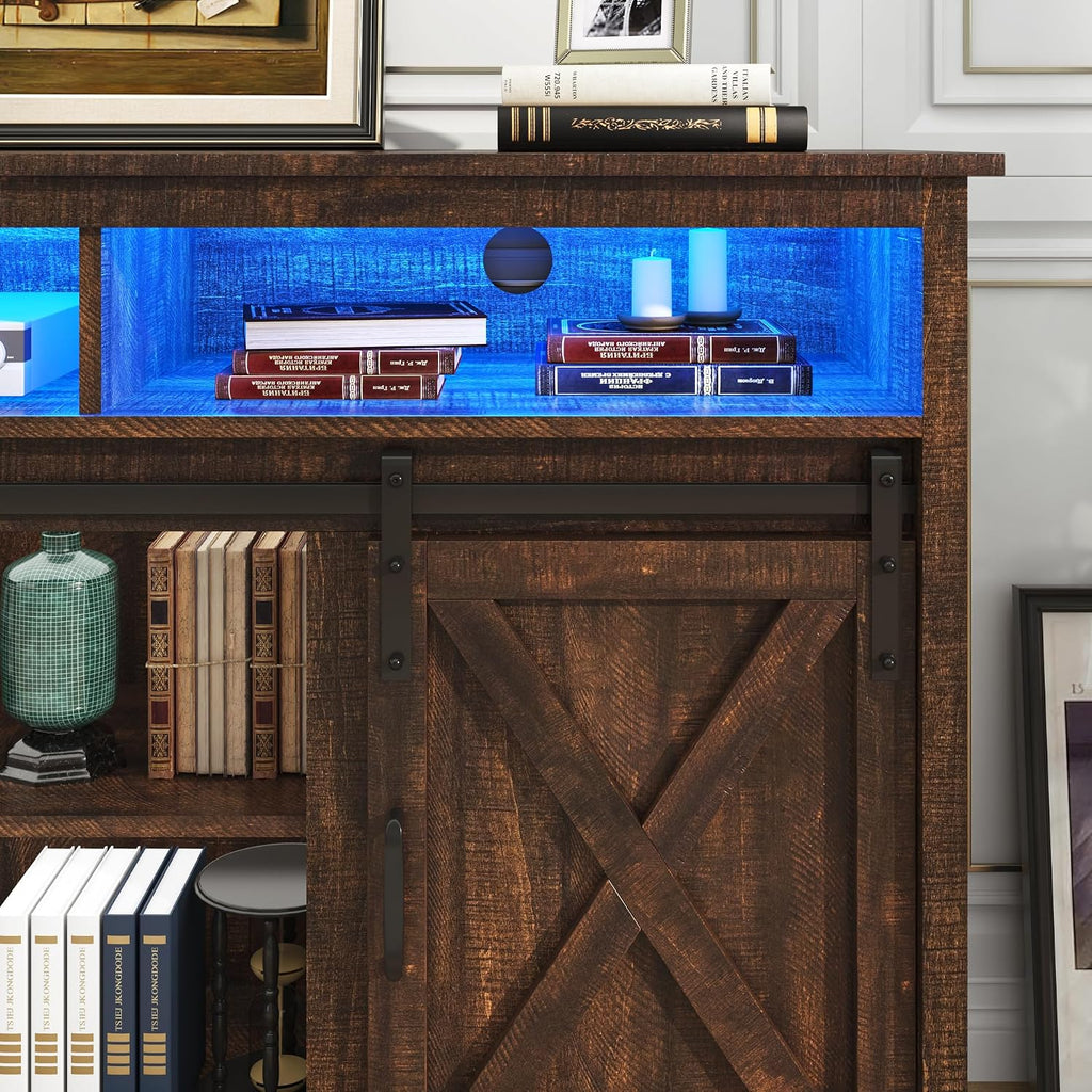 LED Farmhouse TV Stand for 80/75 inch TVs, Rustic Entertainment Center Cabinet with Power Outlets, Brown
