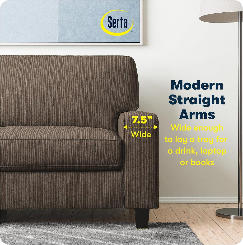 Serta Palisades 78' Track Arm Sofa, Easy Care Polyester, Soft Pillow Back, Pocket Coil Seat Cushions, Removable Covers, Loveseat or Couch for Small Spaces, Living Rooms or Bedrooms, Brown