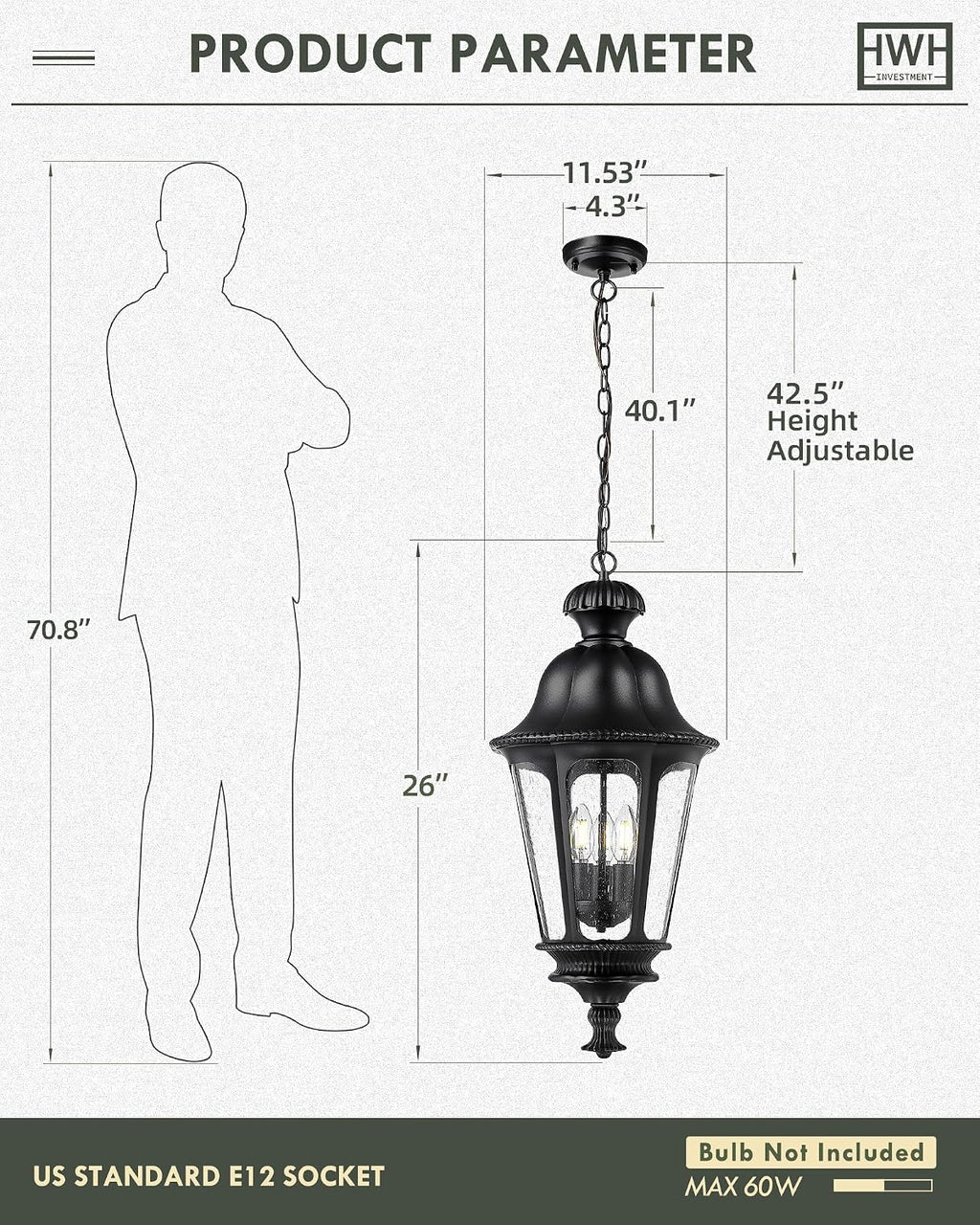 Outdoor Pendant Lights for Porch, HWH 26'' Large Exterior Hanging Light Fixtures with Seeded Glass, Outdoor Hanging Chandelier for Porch Patio Gazebo Hallway, Matte Black Finish, 5HW90H-L BK