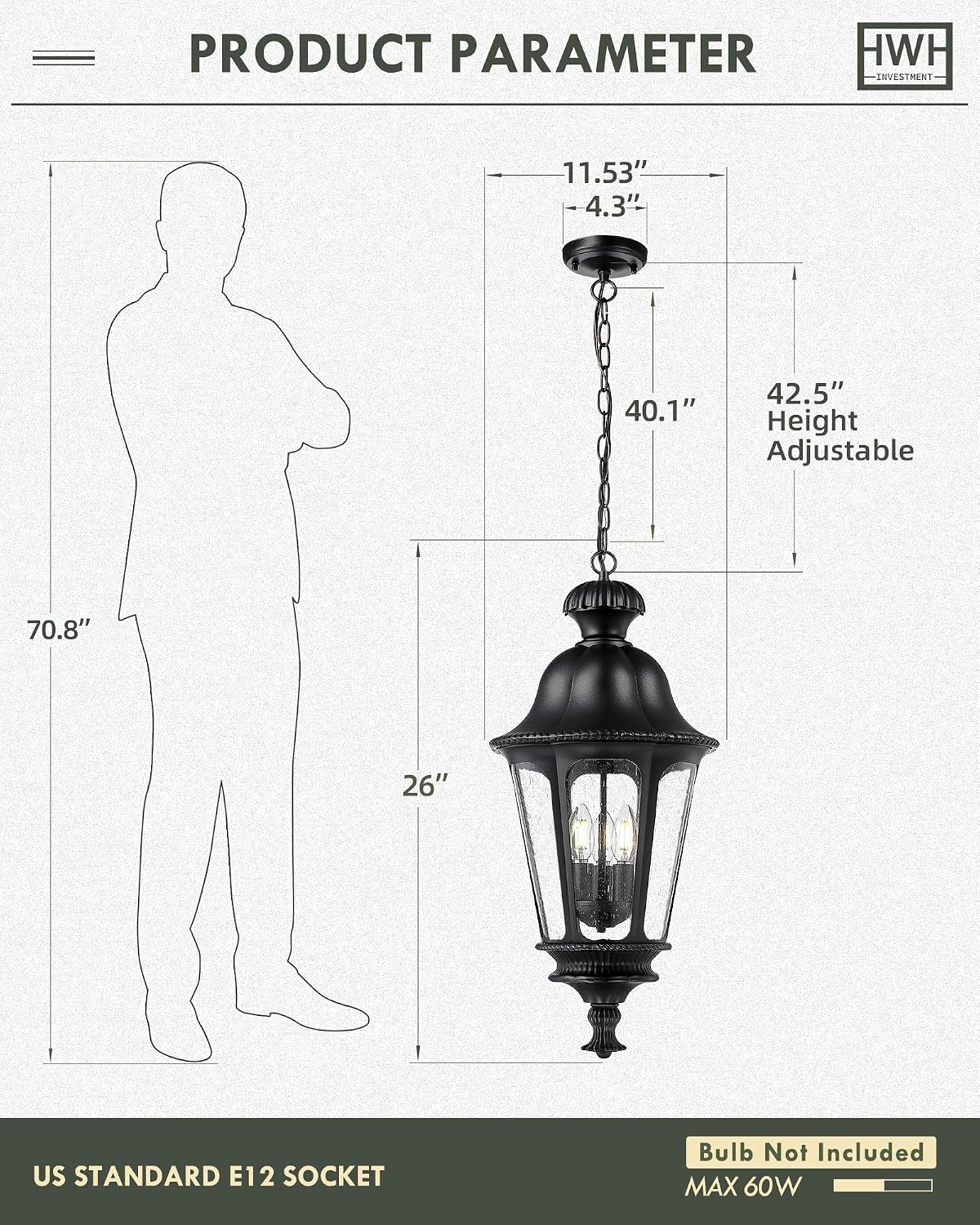 Outdoor Pendant Lights for Porch, HWH 26'' Large Exterior Hanging Light Fixtures with Seeded Glass, Outdoor Hanging Chandelier for Porch Patio Gazebo Hallway, Matte Black Finish, 5HW90H-L BK