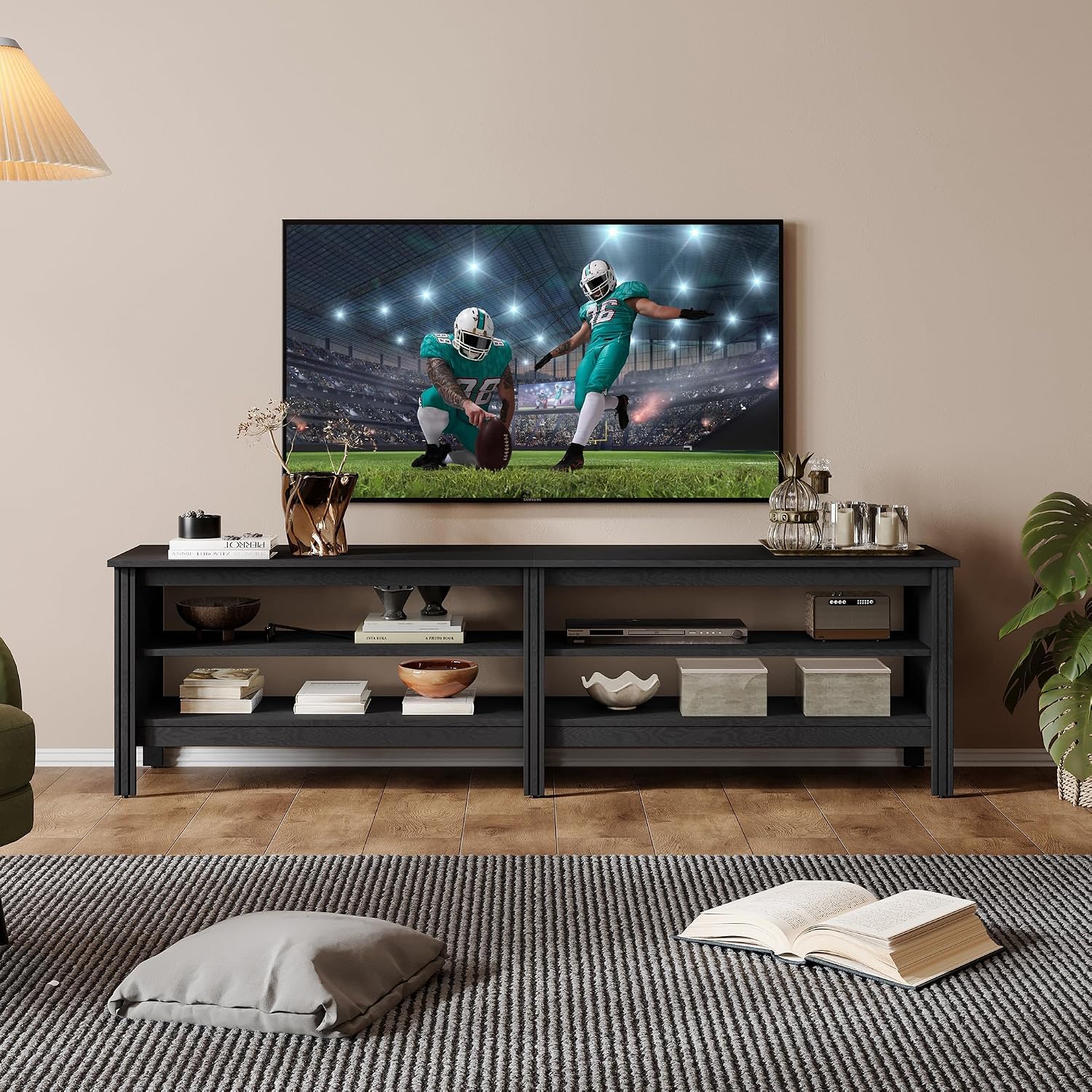 WAMPAT Modern TV Stand for 75 Inch TV, Entertainment Center for 55 60 65 70 inch TV Console Table with 4 Cubby Storage for Living Room Bedroom, Black