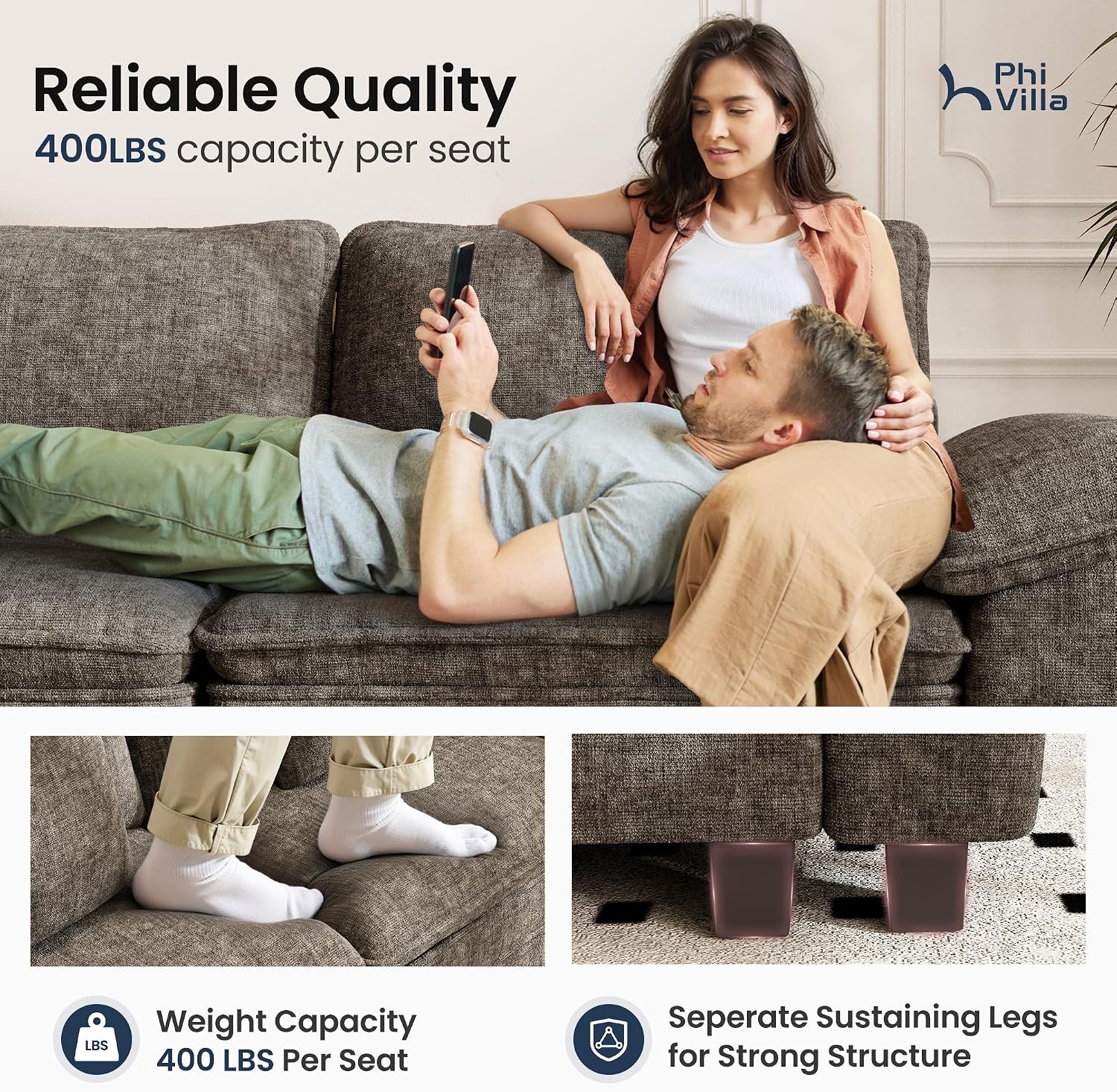 PHI VILLA Cloud Modular Couches Sets, 2 Pieces Sectional Sofa Set with Loveseat, 3-Seater Comfy Couch for Living Room Apartment, Chenille Fabric, Smoky Grey