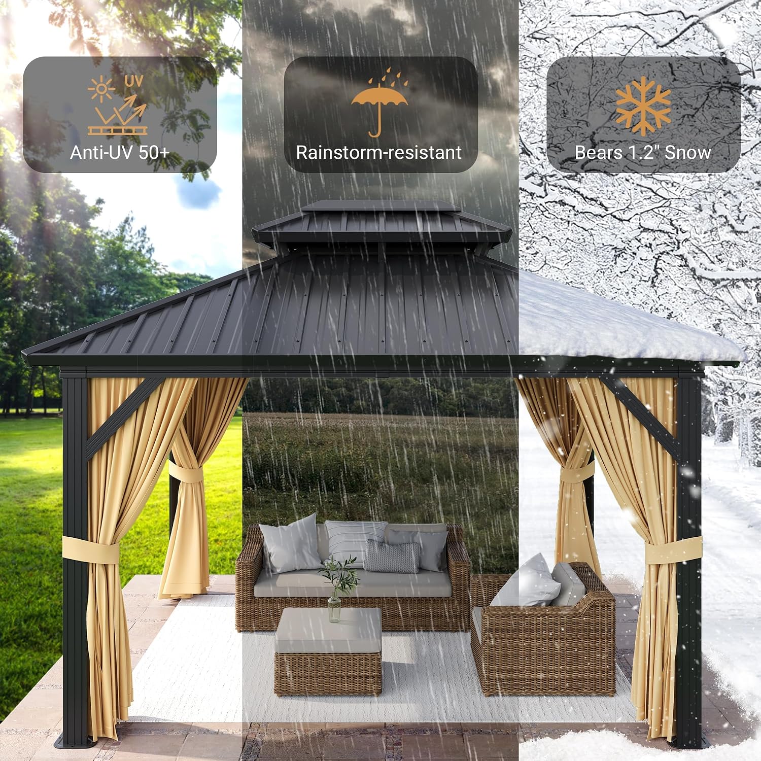 10'x12' Hardtop Gazebo - Heavy Duty Galvanized Steel Frame with Double Roof, Includes Netting & Curtains for Patio/Backyard (Brown)