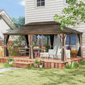 Domi 12' X 20' Hardtop Gazebo, Upgraded Metal Gazebo with Drainage System, Dual-Layer Galvanized Steel Roof, Curtain and Netting, Outdoor Shelter Canopy for Patio, Garden, and Backyard, Brown