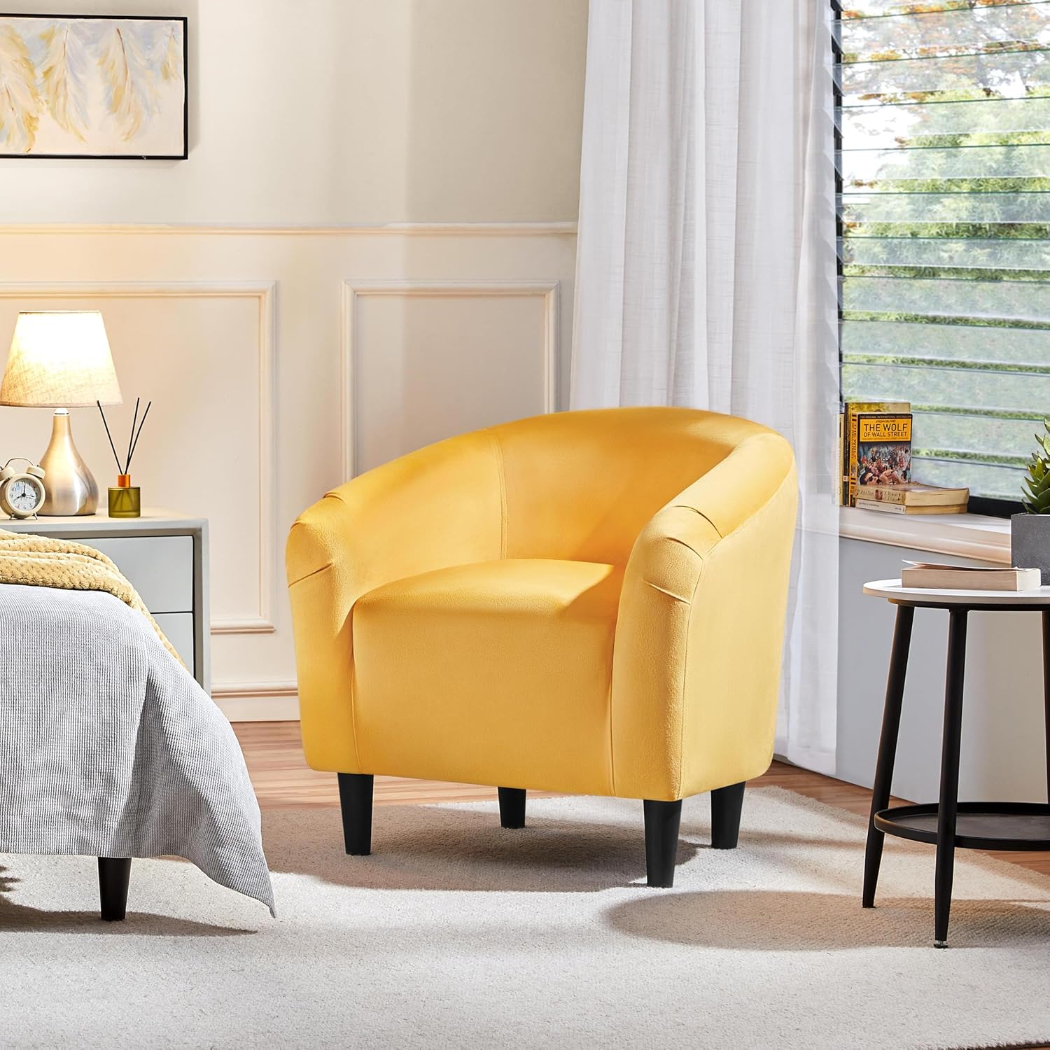 Yaheetech Accent Barrel Chair, Velvet Club Chair, Furry Sherpa Elegant Armchair with Cozy Soft Padded, Suitable for Living Room Bedroom Reception Room Office, Yellow