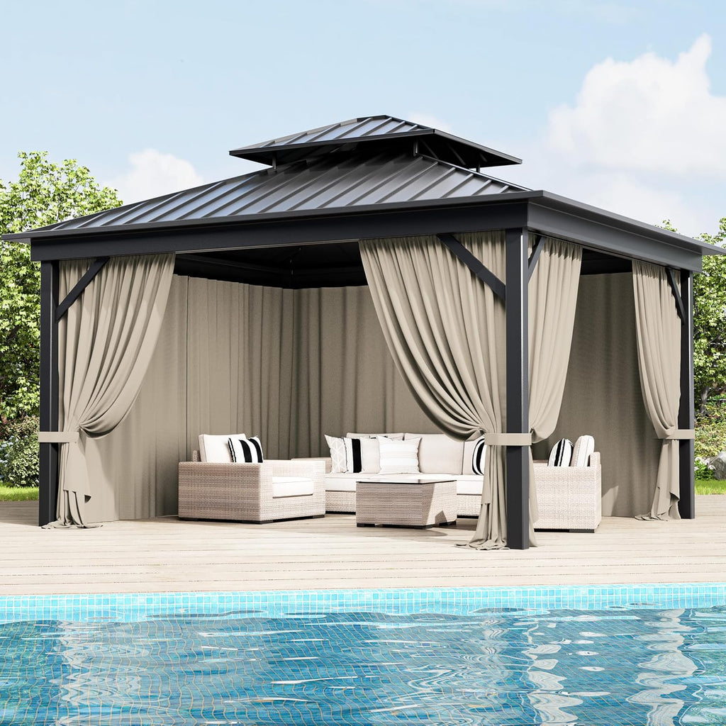 Outdoor Gazebo Curtain Replacement Universal 4-Panel Sidewalls 10' X 12',Outdoor Patio Waterproof Privacy Curtain with Double Zipper for Patio,Garden, and Backyard (Curtain Only)