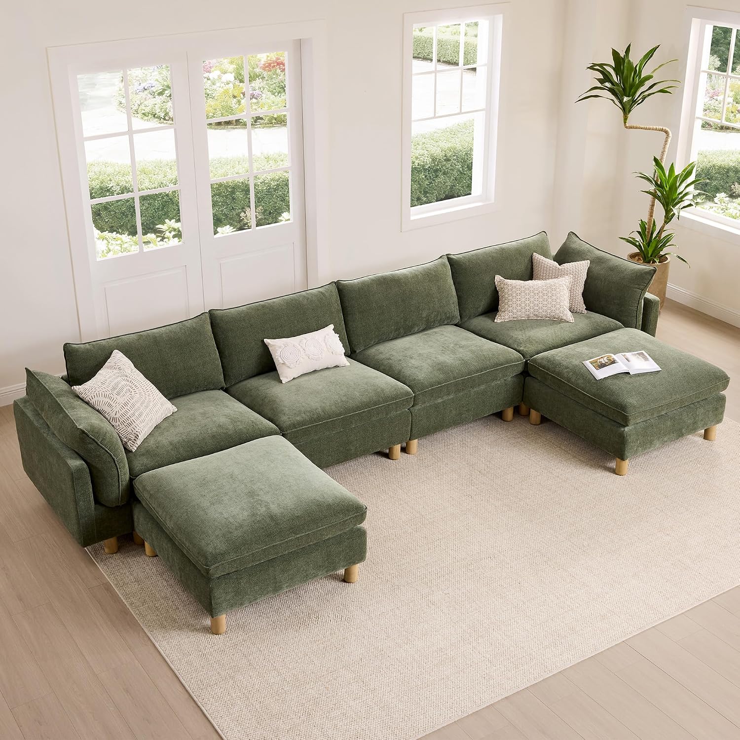 CHITA 127' Super Large Sectional Couches for Living Room, Modular Cloud Couch Sectional Sofa, Premium Fabric Couches, Down Filled, High Density Foam, Chenille in Green, 4 Seat L Shaped