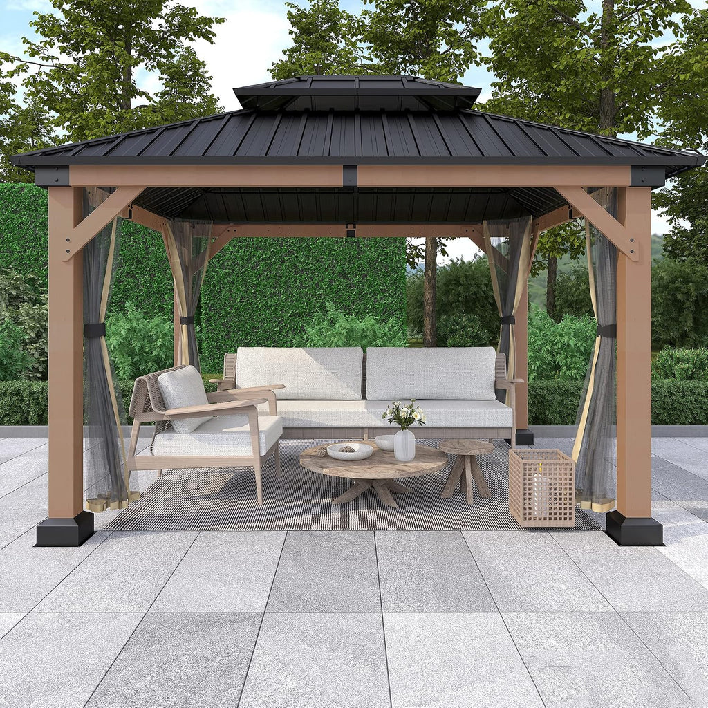 Cedar Wood Gazebo 10x12Ft Hardtop Gazebo with Netting, Outdoor Permanent Gazebo Pergola with Galvanized Steel Double Roof Pavilion for Patio Lawn Garden