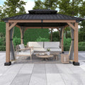 Cedar Wood Gazebo 10x12Ft Hardtop Gazebo with Netting, Outdoor Permanent Gazebo Pergola with Galvanized Steel Double Roof Pavilion for Patio Lawn Garden