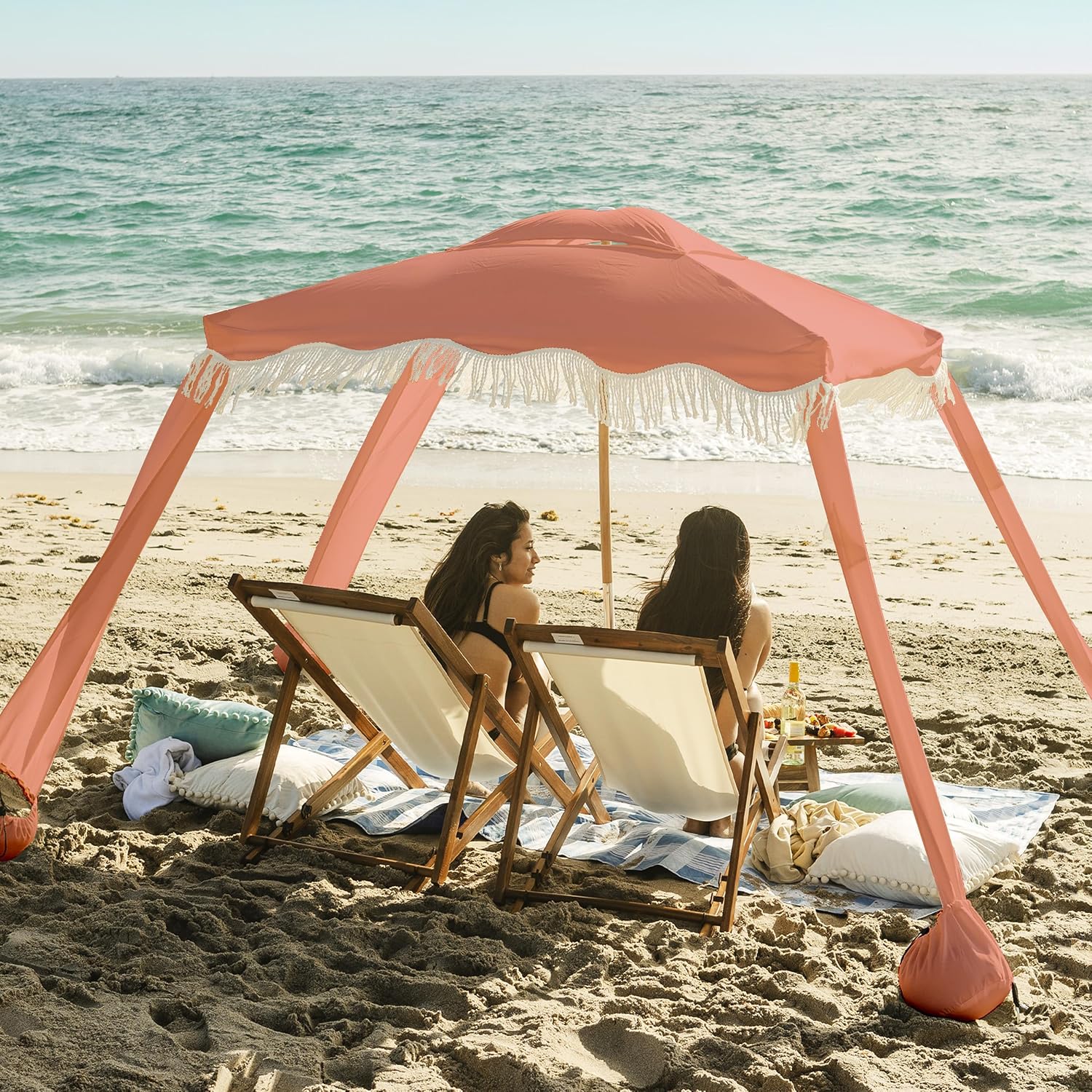 AMMSUN Beach Cabana with Fringe, 7' x 7' Boho Beach Canopy with Tassels, Easy Set up & Premium Wood Pole, Cabana Tent with Sand Pockets, Instant Sun Shade for Sand, Garden, Patio, Coral Pink
