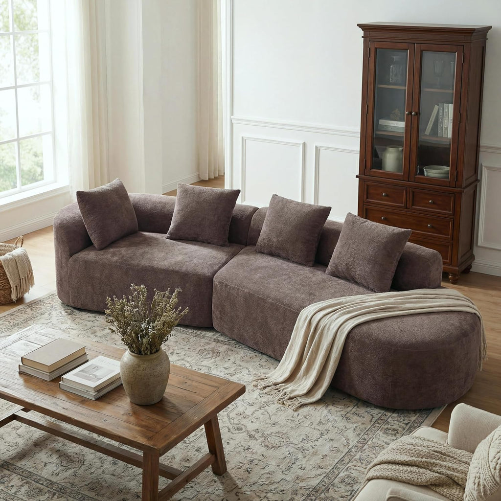 Merax 2-Piece 116' L-Shaped Modular Sectional Sofa Set, 4 Seat Fully Assembled Curved Upholstery Couch with High-Density Compressed Sponge, Chaise Lounge & 4 Pillows for Living Room, Brown