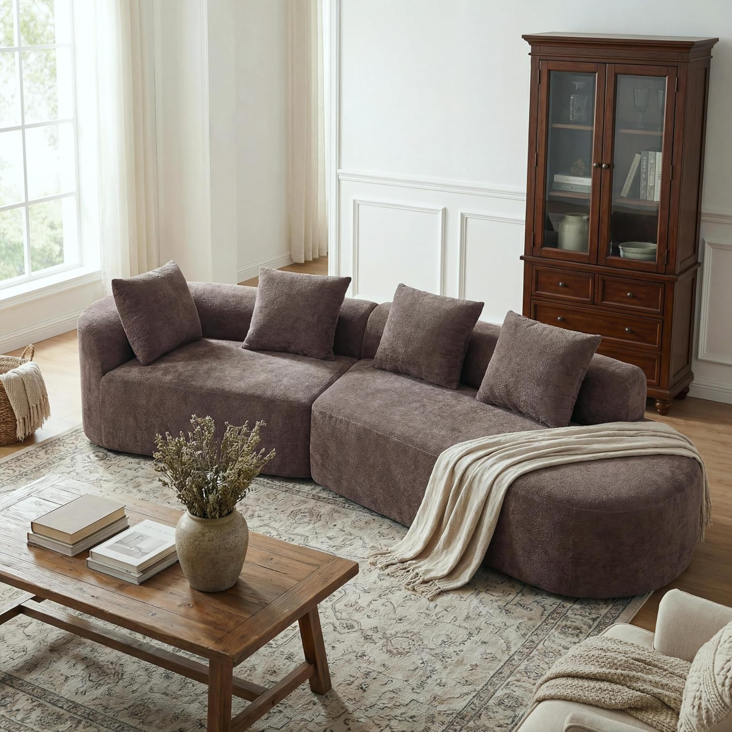 Merax 2-Piece 116' L-Shaped Modular Sectional Sofa Set, 4 Seat Fully Assembled Curved Upholstery Couch with High-Density Compressed Sponge, Chaise Lounge & 4 Pillows for Living Room, Brown