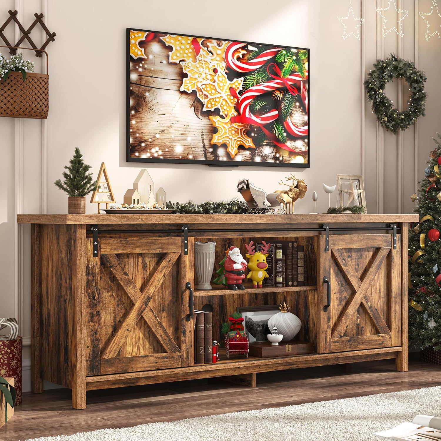 Farmhouse TV Stand for 65 Inch TV with Sliding Barn Door, Rustic Wood Entertainment Center Large Media Console Cabinet Long Television Stands,Console Table and Media Furniture for Living Room(Brown)
