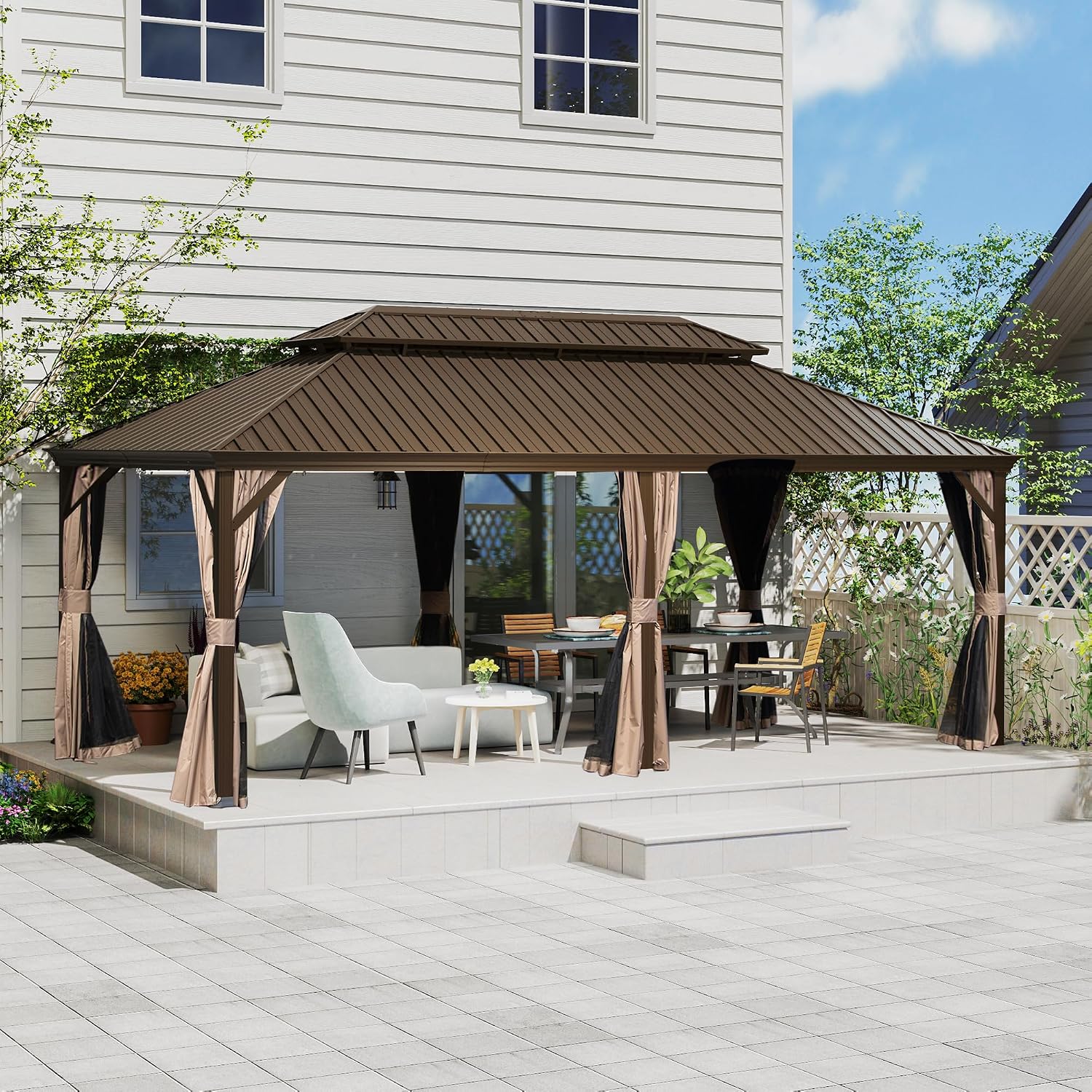 Domi 12' X 20' Hardtop Gazebo, Upgraded Metal Gazebo with Drainage System, Dual-Layer Galvanized Steel Roof, Curtain and Netting, Outdoor Shelter Canopy for Patio, Garden, and Backyard, Brown