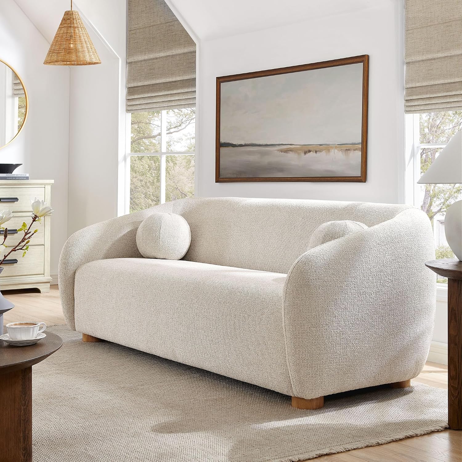 Modway Holland 85 Inch Minimalist Curved Back Sofa in Dove Gray – Chenille Fabric Sofa with Ball Throw Pillows and Wood Feet – Modern 3-Seater Couch for Living Room