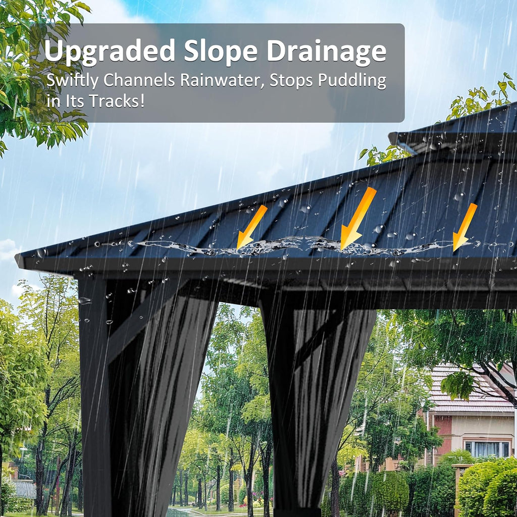 BlueWish 10x12 FT Hardtop Gazebo Canopy with Double Galvanized Steel Roof, Permanent Outdoor Pavilion with Mesh Netting for Patio, Backyard, Garden, Black