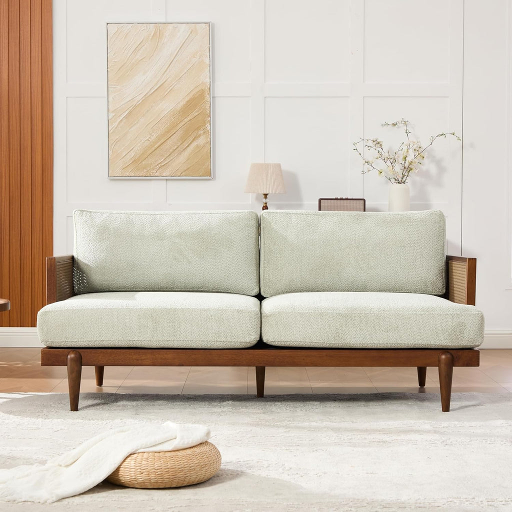 Christopher Knight Home Emir Modern 3 Seater Sofa Couch, Wooden Home Sofa Living Room, Spacious Seating for Bedroom, Home Office, Comfy Cloud Couch, Walnut + Light Green