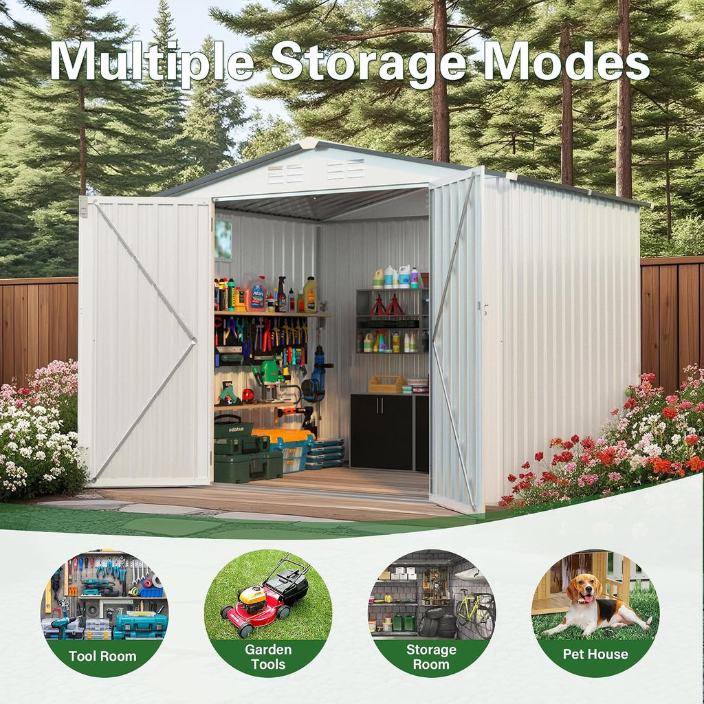 KEIKI 8x6 FT Outdoor Metal Storage Shed with Window and Lockable Door,Peaked Roof for Patio Backyard Garden