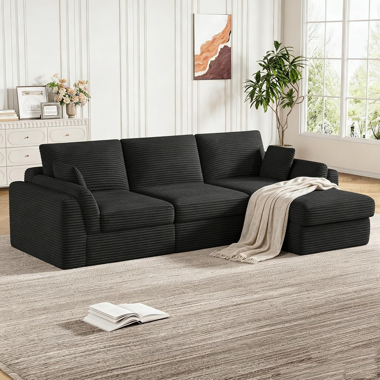 Vabches 106.6' Modular Sectional Sofa with Chaise, Comfy Cloud Sectional Couch, Modern L-Shape Corduroy Sofa with Deep Seat, Upholstered Couches for Living Room Bedroom,No Assembly Required (Black)