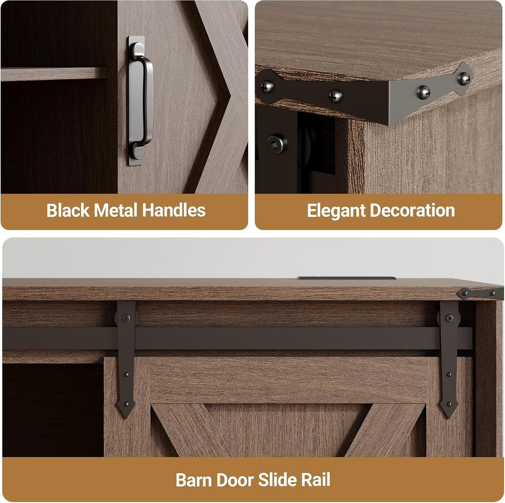 Claiks Farmhouse TV Stand with Power Outlet for TV up to 65', Modern Entertainment Center with Sliding Barn Door & Cabinet, Rustic Media TV Console Table for Living Room, Walnut