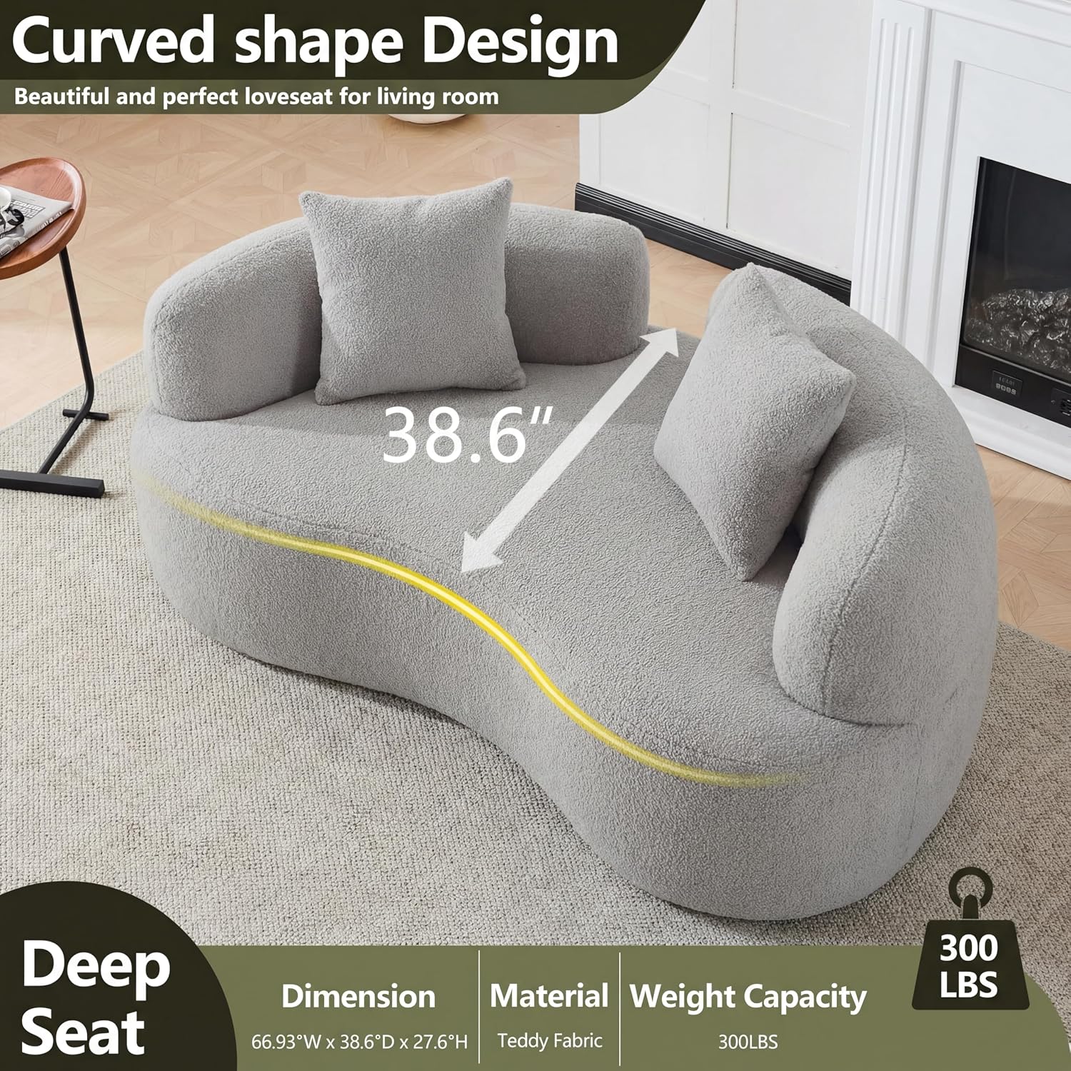 67' Curved Loveseat Sofa for Living Room, Curved Deep Seat Cloud Loveseat with 2 Throw Pillows, Teddy Fabric Modern Loveseat for Small Spaces, Grey Loveseat, No Assembly Required