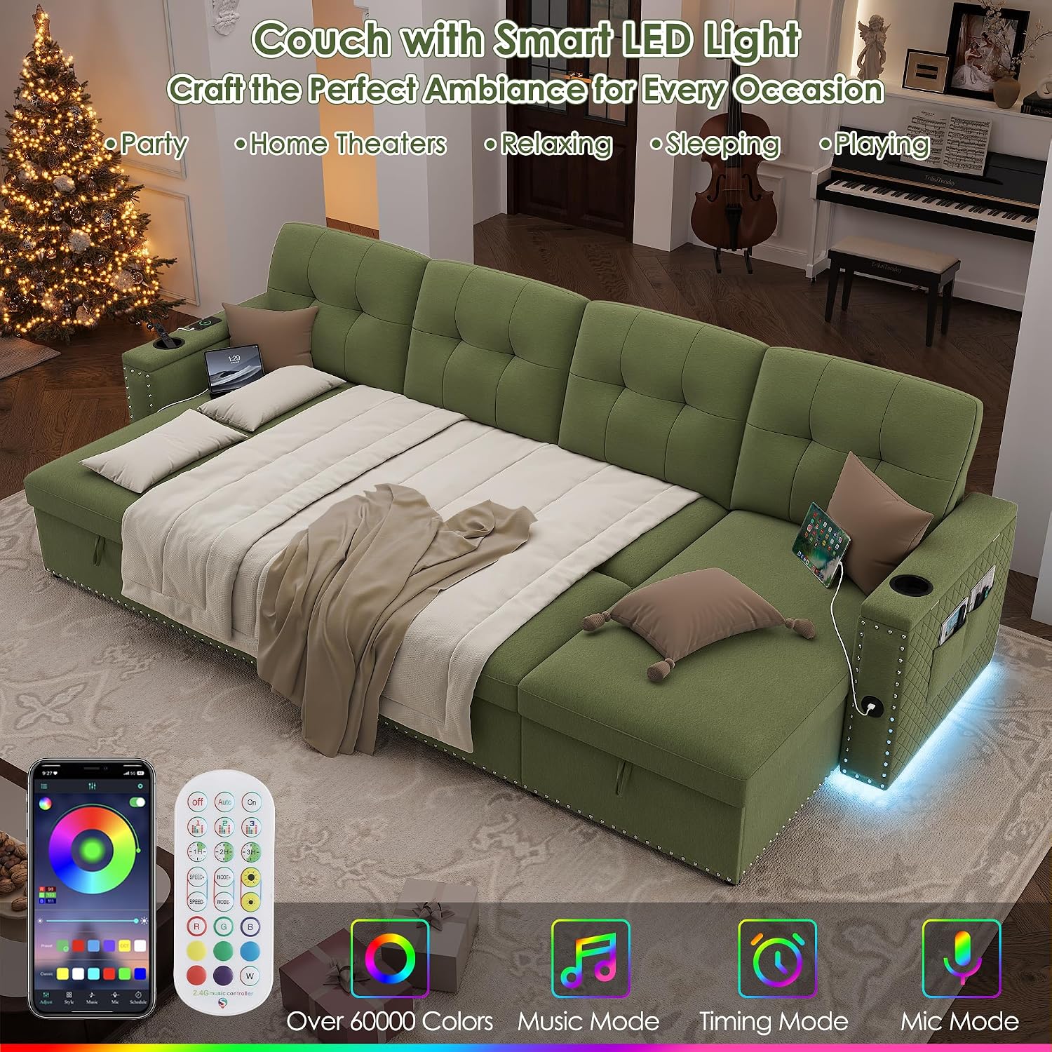 HIFIT 106' Sectional Couches for Living Room- Pull Out Sleeper Sofa Couch w/Storage Chaise,Storage Armrest,LED Light&USB Port&Cupholder,Modern Velvet U Shaped Home Sofa Living Room Furniture Set,Green