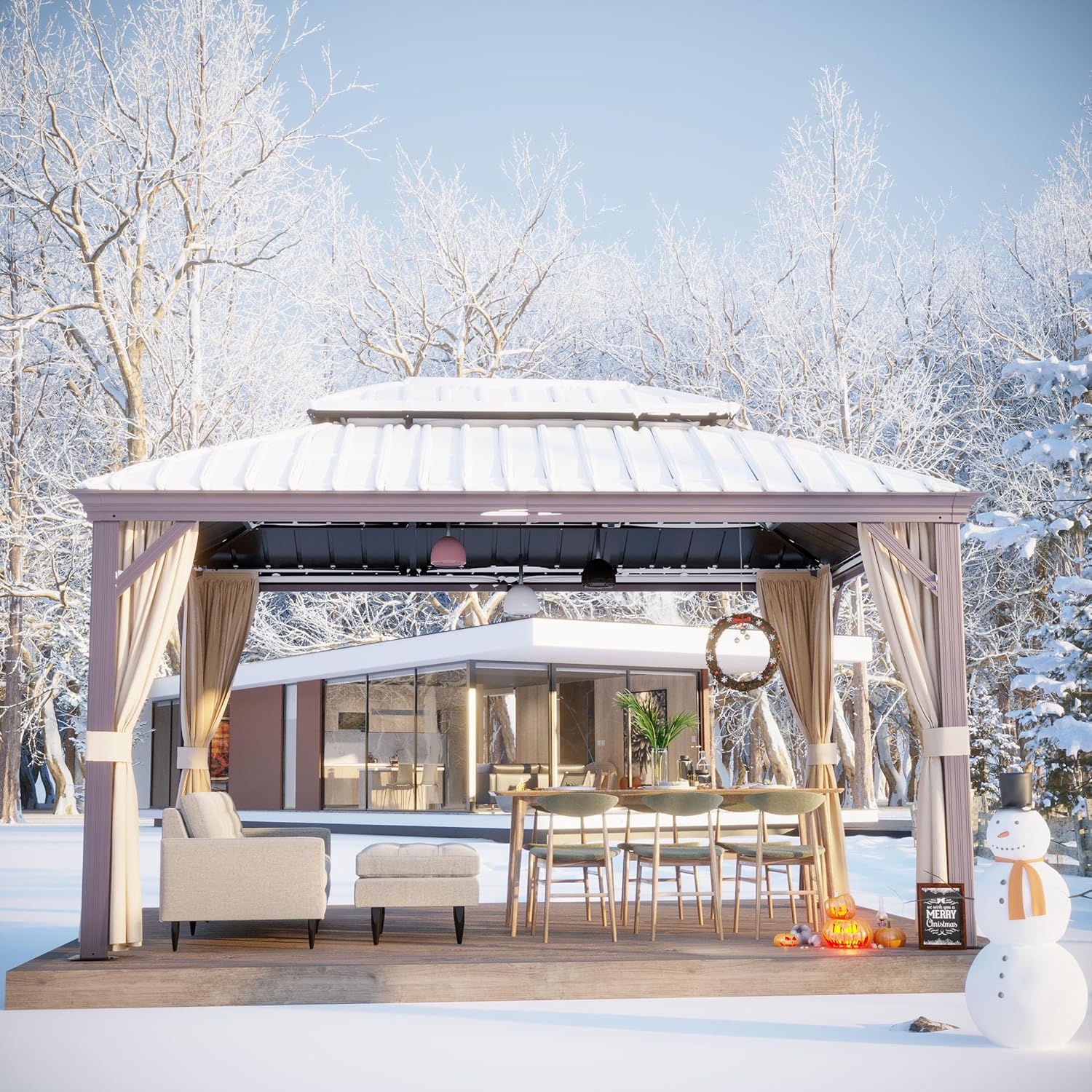 Joyside 10' X 14' Double-Tier Hardtop Gazebo, Aluminum Metal Gazebo with Reinforced Galvanized Steel Roof Curtain and Netting, Permanent Gazebo Pavilion for Patio, Backyard, Deck, Lawn