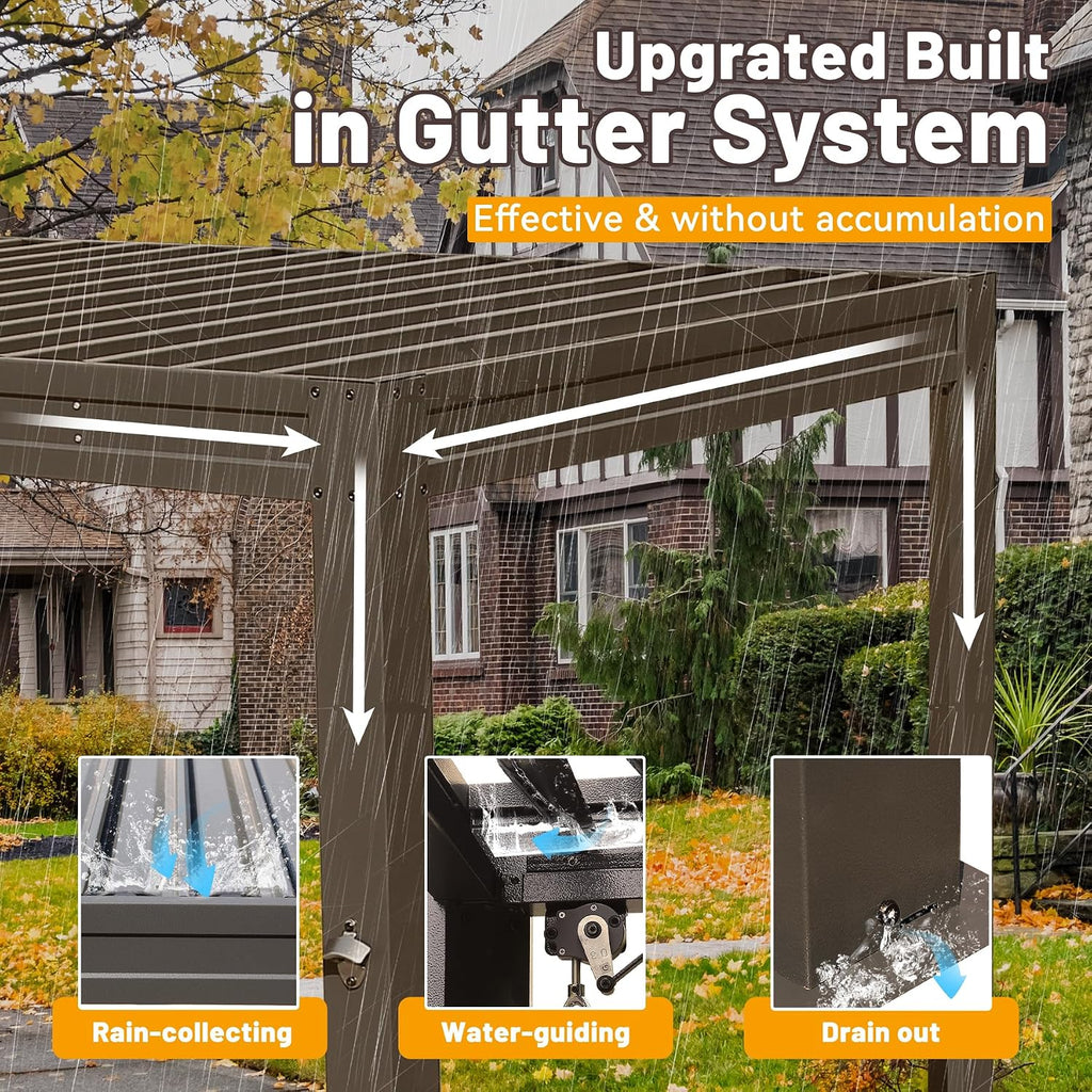 8x5 FT Grill Louvered Pergola for Outdoor Grill, Hardtop Grill Pergola with Built-in Gutter & Adjustable Rainproof Roof, Metal Shelter Gazebo for Patio Backyard Deck -Brown