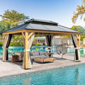 YOLENY 12'x16' Hardtop Gazebo Wood Outdoor Polycarbonate Double Roof, Netting and Curtains, Patio Gazebos for Decks, Backyards, Lawns and Gardens