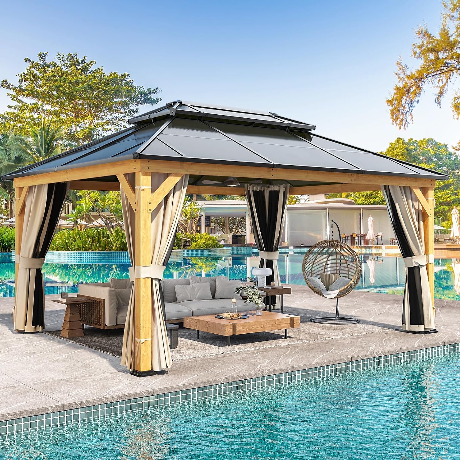 YOLENY 12'x16' Hardtop Gazebo Wood Outdoor Polycarbonate Double Roof, Netting and Curtains, Patio Gazebos for Decks, Backyards, Lawns and Gardens