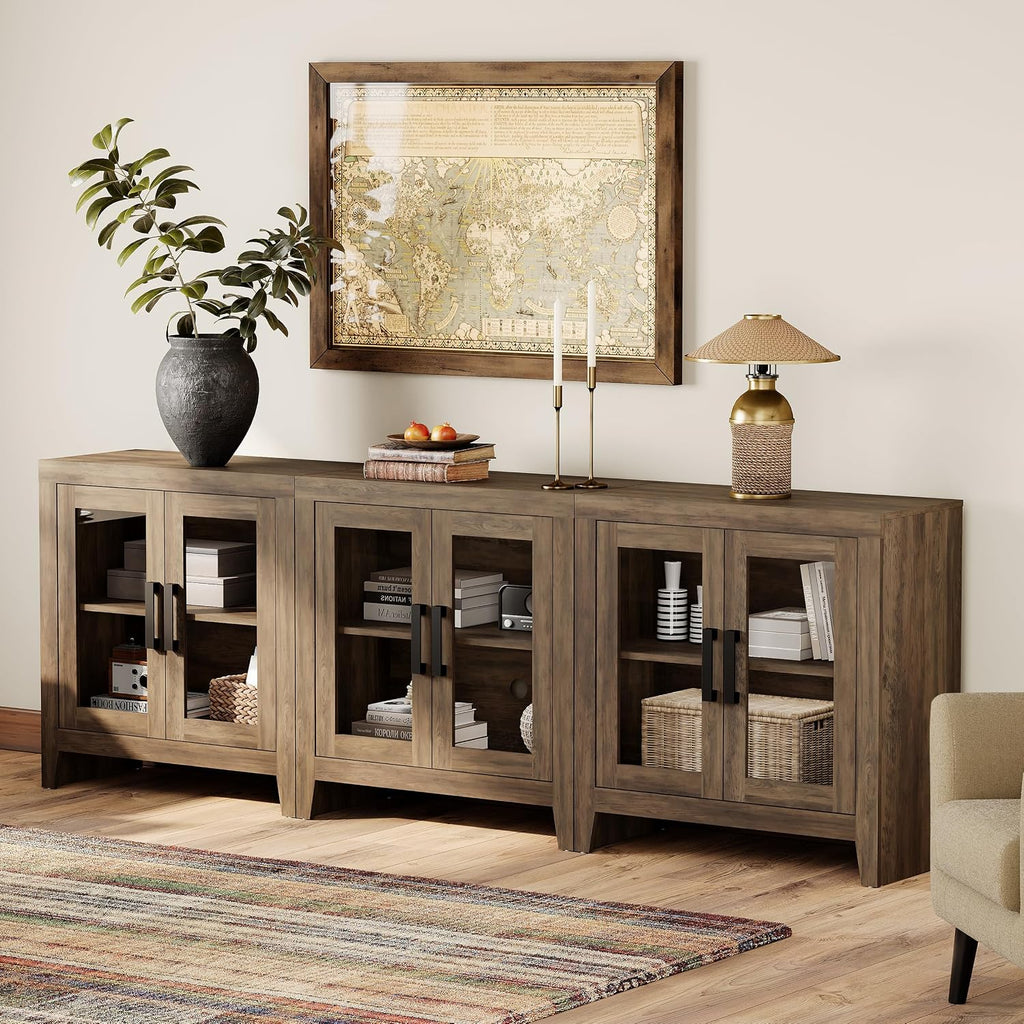 WAMPAT Farmhouse TV Stand for TVs up to 85', Rustic Wood Entertainment Center with Adjustable Shelf, Glass Doors & Storage, Media Console Cabinet for Living-Room, Bedroom, Brown