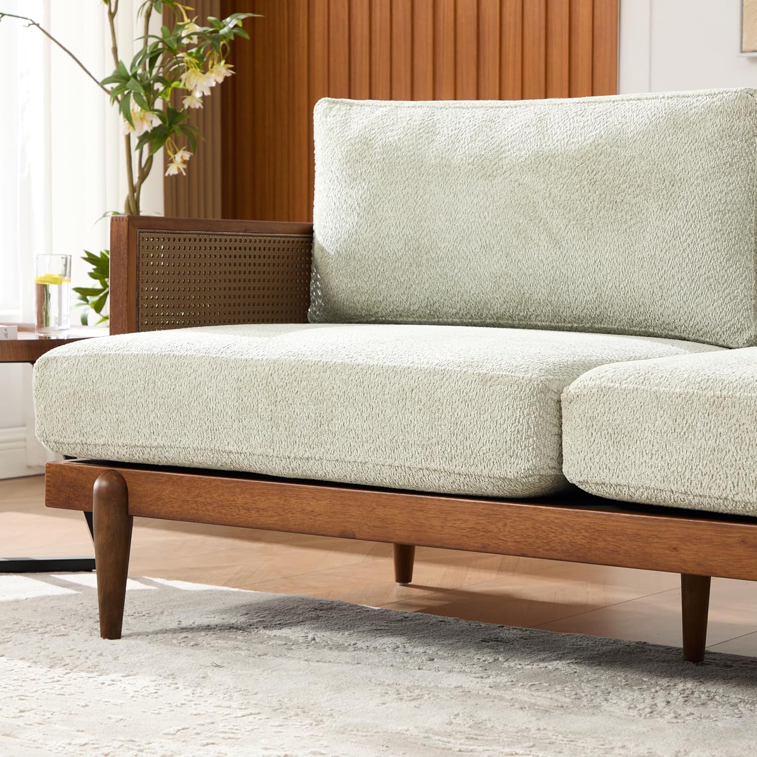 Christopher Knight Home Emir Modern 3 Seater Sofa Couch, Wooden Home Sofa Living Room, Spacious Seating for Bedroom, Home Office, Comfy Cloud Couch, Walnut + Light Green