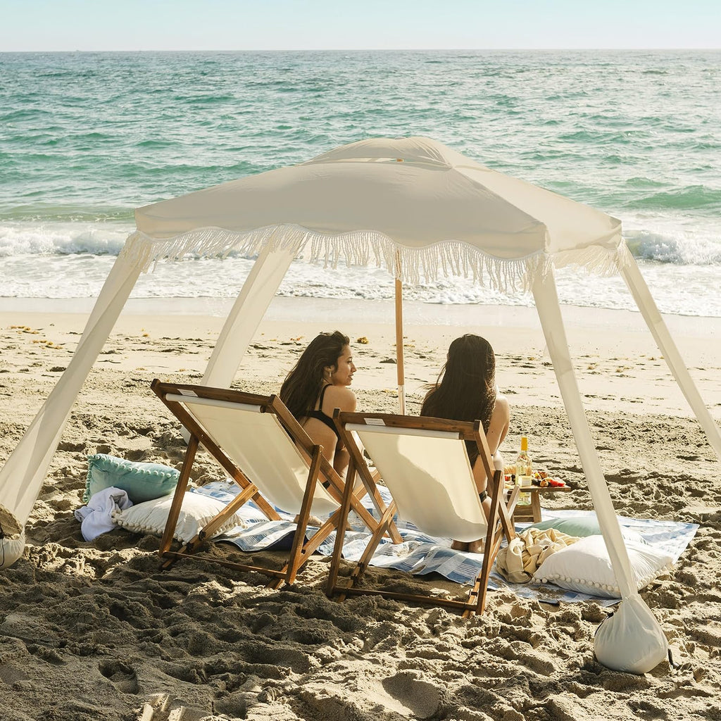 AMMSUN Beach Cabana with Fringe, 7' x 7' Boho Beach Canopy with Tassels, Easy Set up & Premium Wood Pole, Cabana Tent with Sand Pockets, Instant Sun Shade for Sand, Garden, Patio, Beige