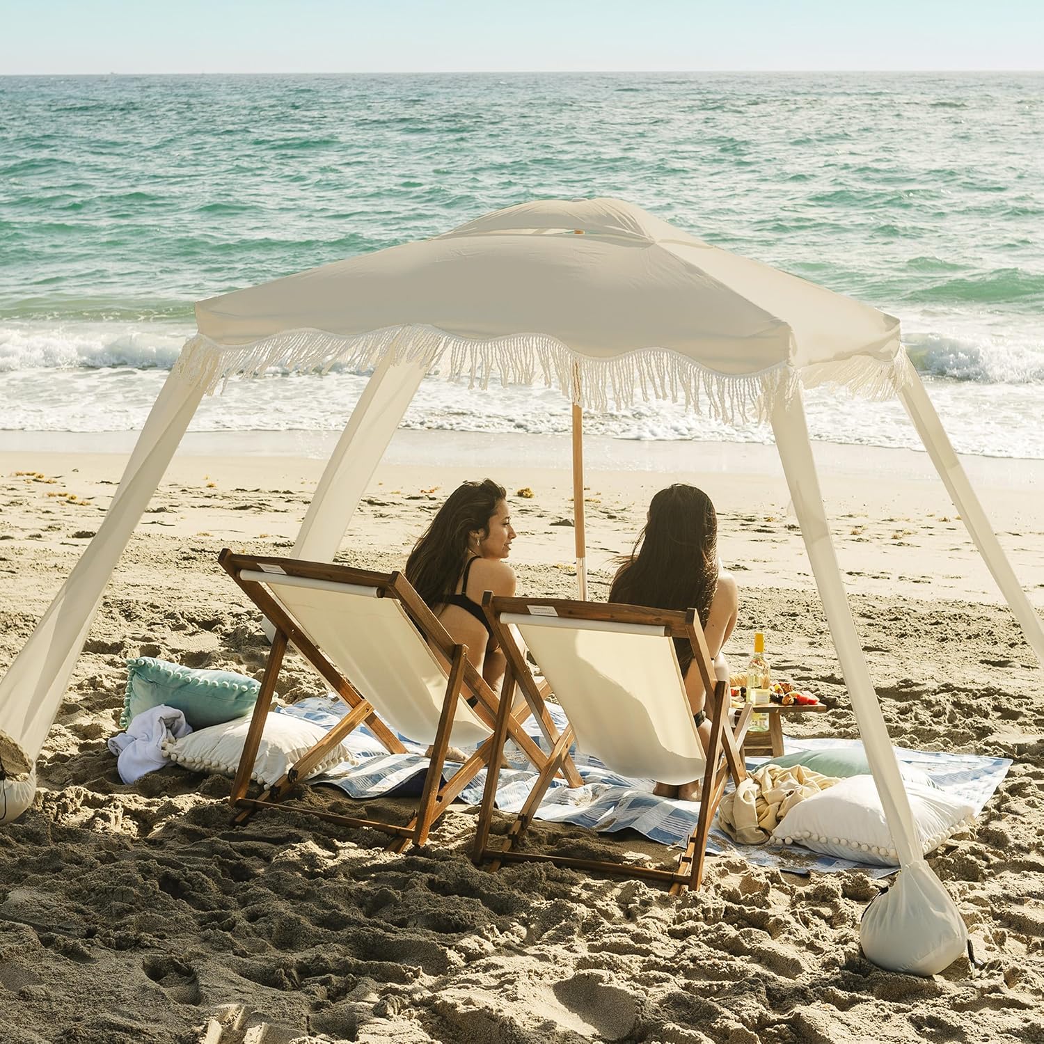 AMMSUN Beach Cabana with Fringe, 7' x 7' Boho Beach Canopy with Tassels, Easy Set up & Premium Wood Pole, Cabana Tent with Sand Pockets, Instant Sun Shade for Sand, Garden, Patio, Beige