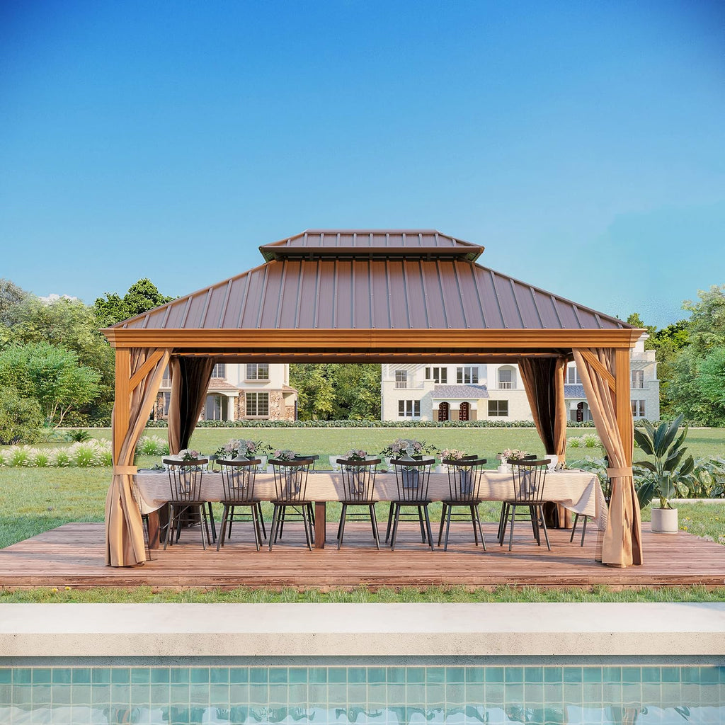 12'x16' Hardtop Gazebo, Outdoor Aluminum Patio Gazebo Double Roof Galvanized Steel Canopy Wooden Finish Coated with Netting and Curtains for Garden, Backyard, Deck and Lawns.